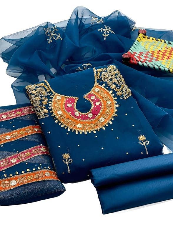 Girls' Unstitched 3-Piece Suit - Organza Shirt with Zari Work, Aari Work Dupatta, and Katan Silk Trouser - Ashrafi Custom Design