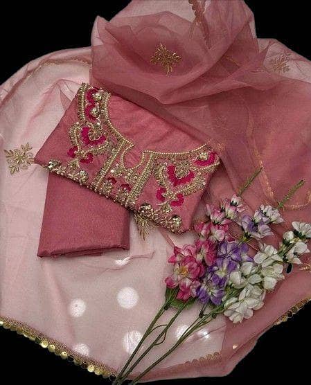 3-Piece Unstitched Suit with Handmade Beads, Embroidery & Tilla Work Shirt, Kattan Silk Trouser, Organza Embroidered Dupatta - Bridal Ashrafi Dress