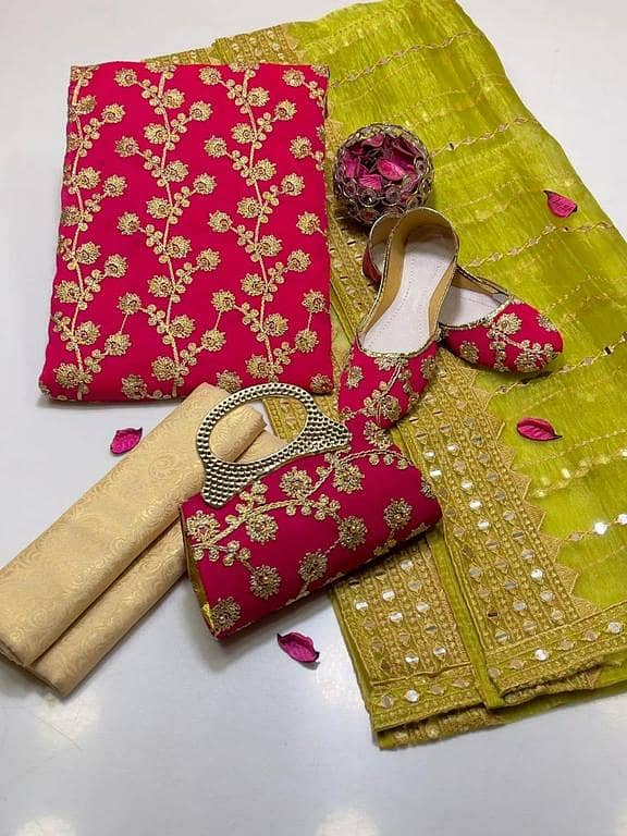 Ashrafi Crinkle Chiffon Wedding Dress Suit - 3 Piece Set with Mirror Embroidery, Includes Khussa & Clutch - Customized Ashrafi Girls Dresses