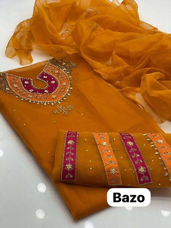 Girls' Unstitched Organza Dress with Aari Zari Beads and Gota Work, Includes Matching Dupatta - Ashrafi Customized