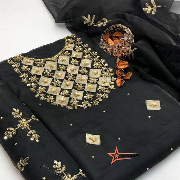 Ashrafi Unstitched 2-Piece Organza Suit for Women with Handmade Zari and Beads Work - Ideal for Weddings and Parties