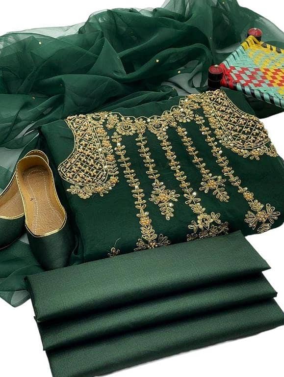 3-Piece Unstitched Women's Wedding and Party Wear Suit with Organza Dupatta and Khussa (Customizable)