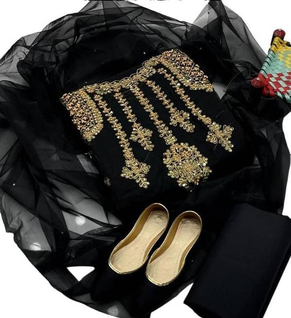 Women's 3-Piece Unstitched Suit - Embroidered Organza Shirt with Tilla Aari Beads, Kundan Dupatta, Katan Silk Trouser, and Free Khussa - Ashrafi Customized Wedding and Party Wear