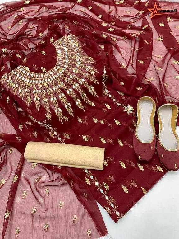 Ashrafi Women's Unstitched 3pc Chiffon Dress with Boti Work & Mirror Work Shirt, Masuri Shalwar, and Khussa for Weddings and Special Events