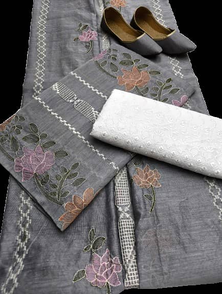 4-Piece Unstitched Paper Cotton Set with Embroidered Shirt, Dupatta, Trouser, and Khussa for Women and Girls