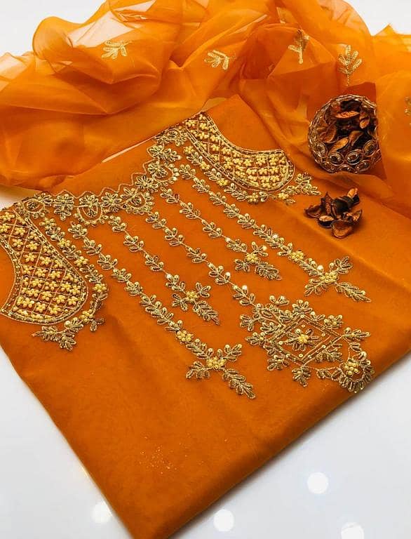 Ashrafi Women's Unstitched 2-Piece Party Dress - Handmade Embroidered Organza Shirt & Dupatta Set
