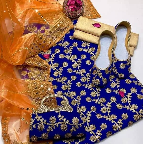 Ladies Chiffon Crinkle Embroidered Party Wear Dress - Unstitched 3-Piece Set with Self-Embossed Masuri Shalwar and Sheesa Embroidery Dupatta - Free Khussa & Clutch Gift