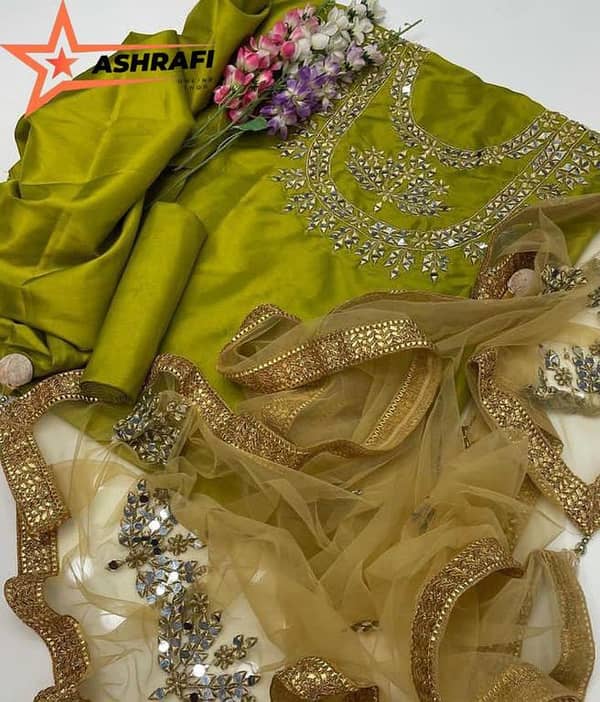 Unstitched 3 Piece Women’s Suit - Kathan Silk Mirror Work Shirt, Plain Trouser & Net Mirror Work Dupatta by Ashrafi