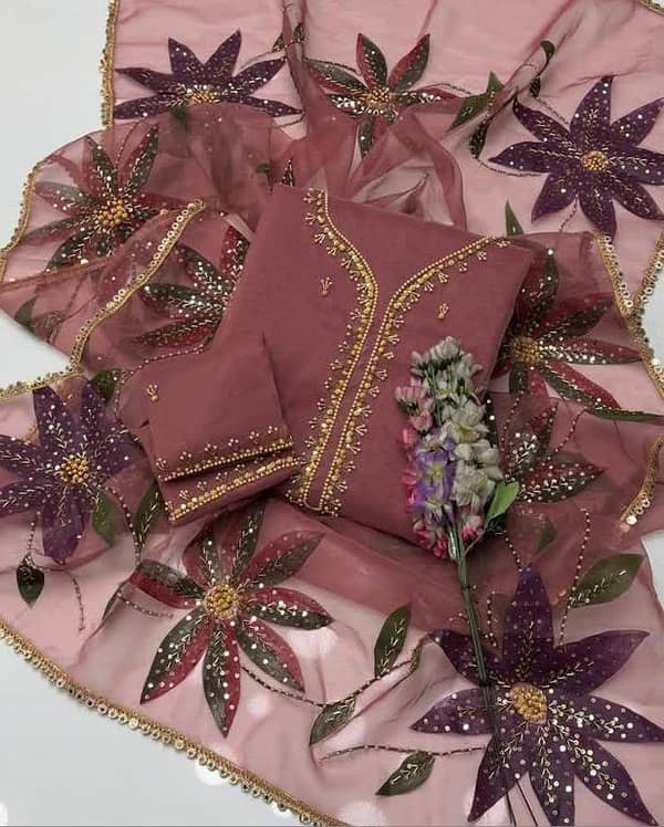 Ashrafi Customized 2-Piece Unstitched Suit for Girls Stone & Beads Work Shirt and Zari Beads Oil Paint Dupatta in Organza Fabric