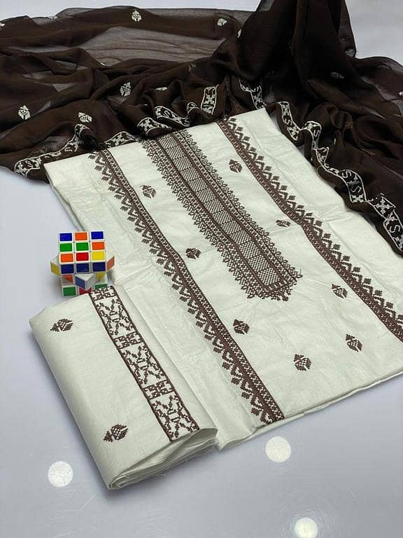 ASHRAFI 3-Piece Women’s Dress Set: Cotton Lawn Shirt with Cross-Stitch, Embroidered Trouser & Chiffon Dupatta