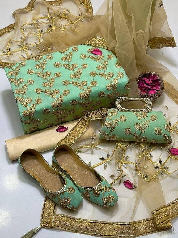 Customized Ashrafi Suit Crinkle Chiffon Nag Jaal Embroidery Shirt, Masuri Shalwar, Net Dupatta with Mirror Embroidery, Free Khussa & Clutch for Women