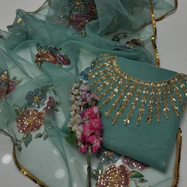 Ashrafi Women's Unstitched 2-Piece Party Dress Set with Organza Fabric, Handwork Stone and Bead Shirt, Zari Beaded Organza Dupatta
