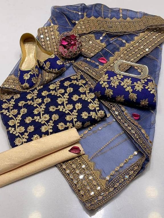 Ashrafi 5-Piece Crinkle Chiffon Unstitched Suit Set with Embroidered Shirt and FREE Accessory Bundle