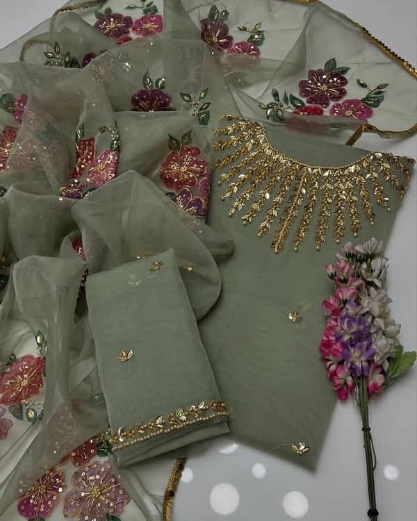 Customized Ashrafi Organza Dress Set with Handwork Stone and Beads Work, Includes Shirt and Dupatta