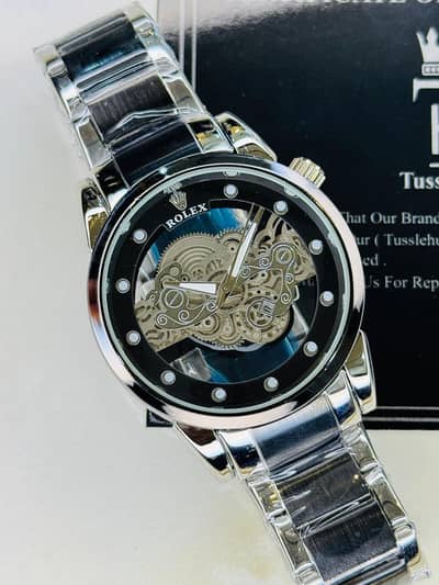 Silver Black Skeleton Rolex Watch