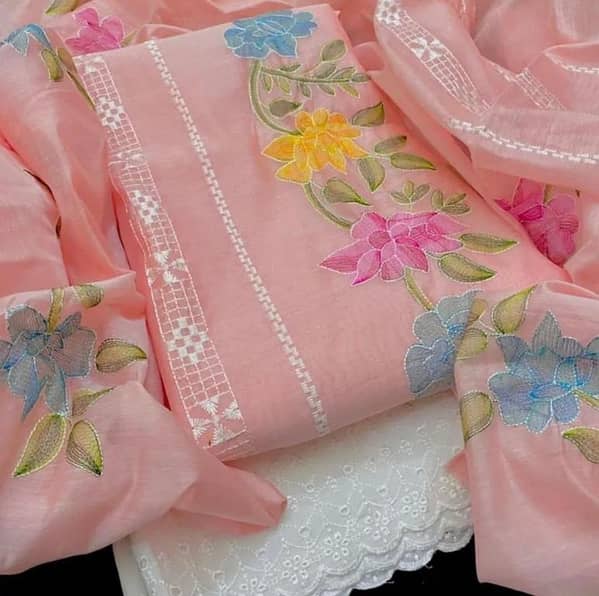 Ashrafi Customized Women’s 3-Piece Suit: Paper Cotton Shirt, Dupatta, and Chikankari Trouser with Tarkashi Embroidery