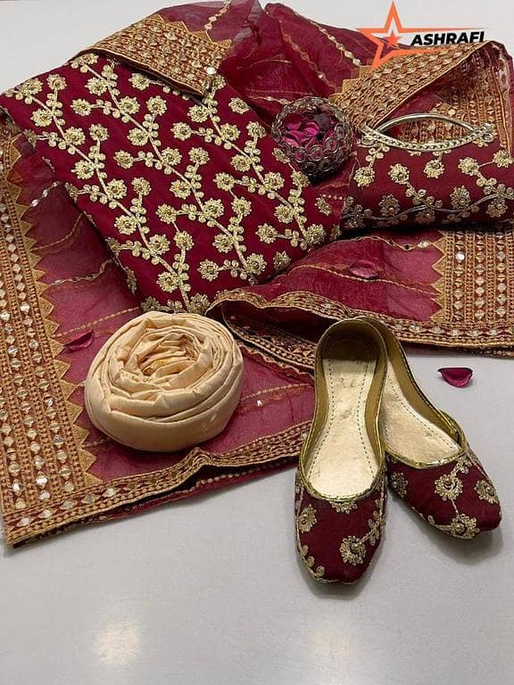 Unstitched 3 Piece Party Wear Dress Set - Ladies Crinkle Chiffon Embroidered Shirt, Masuri Shalwar, Sheesa Embroidered Dupatta - Free Khussa & Clutch Included