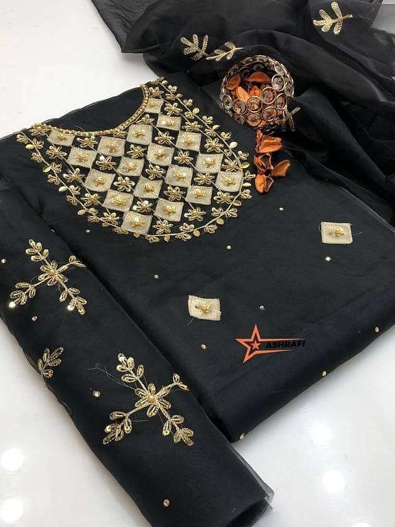 Ashrafi 2-Piece Unstitched Organza Suit with Handmade Applic and Zari Work Shirt and Dupatta for Women - Customized
