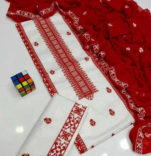 Ashrafi 3-Piece Custom Casual Lawn Cotton Dress Set with Shirt, Embroidered Trouser and Chiffon Dupatta