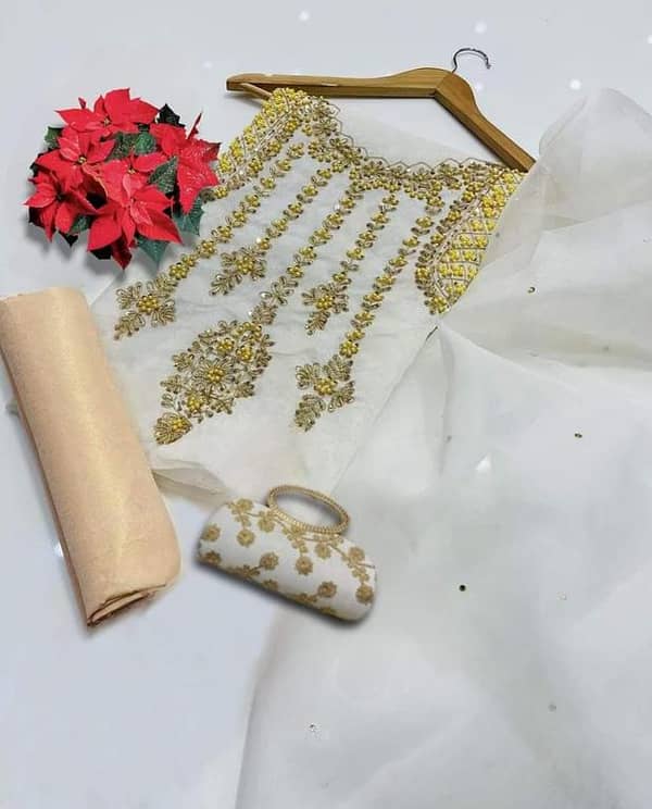 3-Piece Organza Dress Set for Women: Handmade Embroidered Shirt, Kundan Work Dupatta, Masuri Trouser, and Free Clutch - Ashrafi Wedding & Party Wear