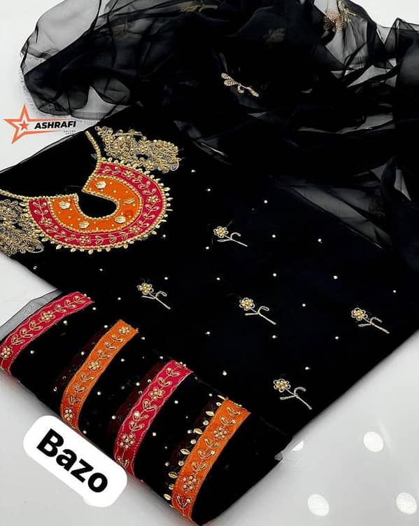 IQ FASHION Women's 2-Piece Suit: Handmade Organza Shirt with Aari Work and Organza Dupatta for Party Wear