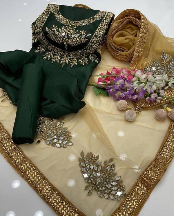 Customized Ashrafi 3-Piece Unstitched Women's Suit - Kataan Silk Shirt with Mirror Work, Plain Trouser, and Net Dupatta