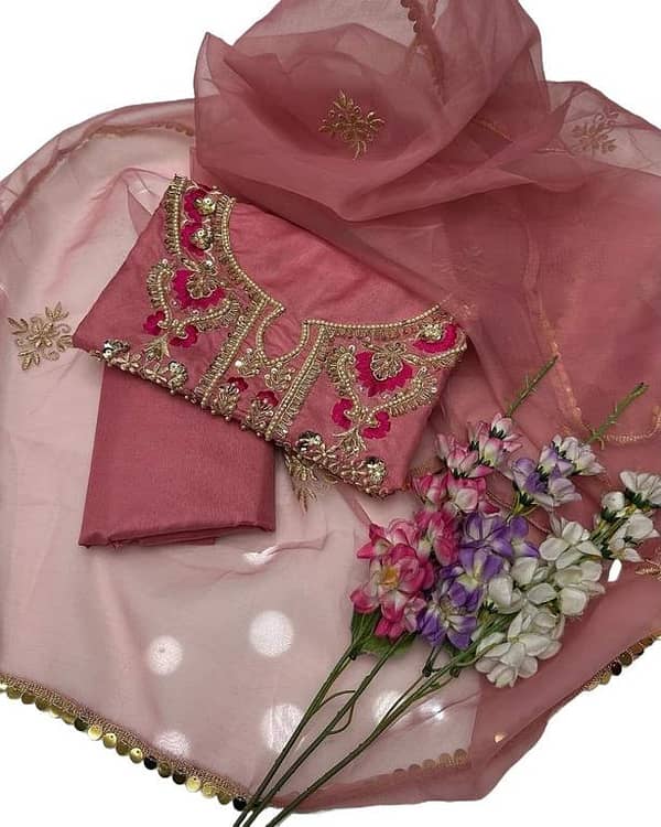 Women's Kataan Silk Handcrafted Shirt with Zari, Beeds, and Embroidery, Plain Trouser, and Organza Dupatta - Unstitched 3-Piece Suit