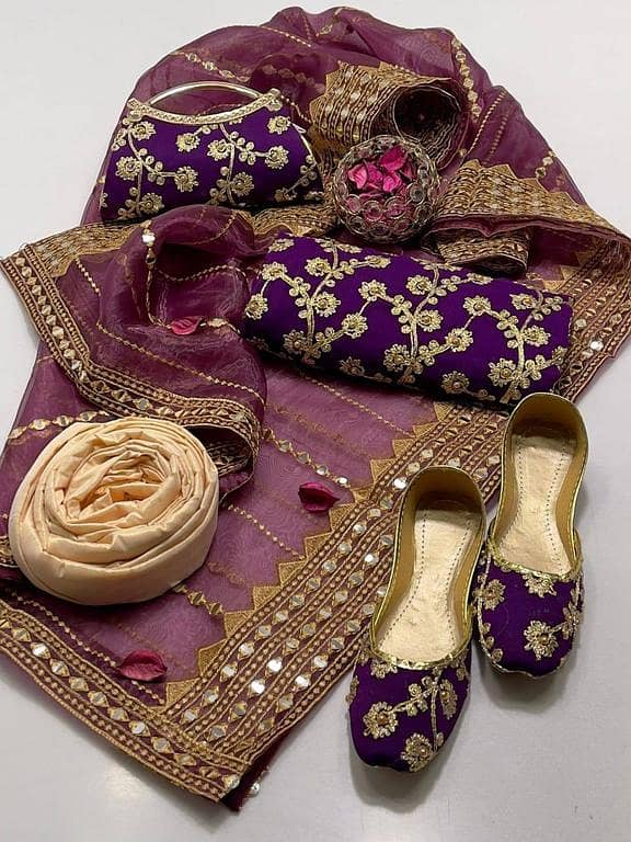 3PC Wedding Party Wear Dress for Ladies: Crinkle Chiffon Marble & Gotta Embroidered Shirt with Masuri Shalwar and Mirror Embroidery Dupatta - Includes Free Khussa & Clutch