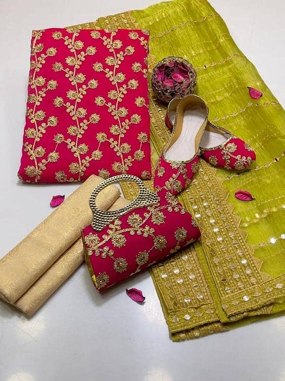 5-Piece Unstitched Women's Fabric Set: Crinkle Chiffon Marble & Gotta Embroidered Shirt, Self-Embossed Masuri Shalwar, Tissue Organza Dupatta with Khussa & Clutch from ASHRAFI DRESSES