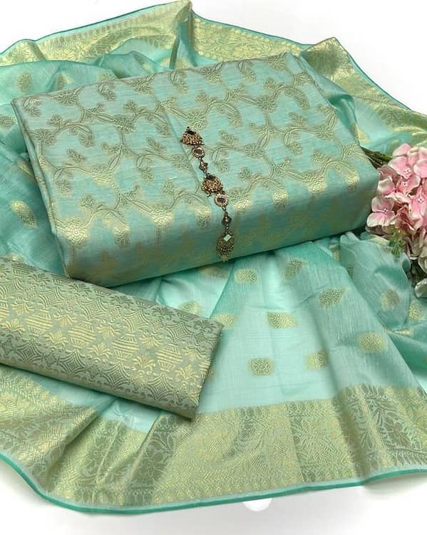 3-Piece Unstitched Paper Cotton Jacquard Suit Set: Shirt, Trouser, and Dupatta with Border Work for Women & Girls by Ashrafi