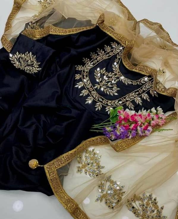 Ashrafi Women's Party Wear Unstitched 3-Piece Suit: Kataan Silk Mirror Work Shirt, Kattan Silk Trouser, and Net Mirror Dupatta