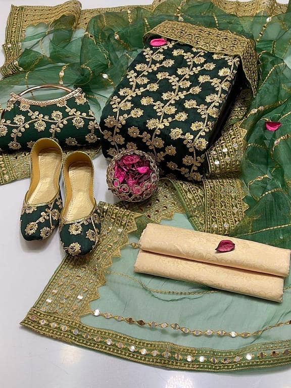 Ashrafi Customized Women's Dress Set: Crinkle Chiffon Embroidery Shirt, Masuri Trouser, Dupatta - (Khussa & Clutch is Not Include)