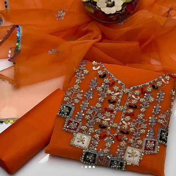 ASHRAFI DRESSES Unstitched Organza Wedding Dress for Women - 3 Piece Set with Embroidered Shirt, Dupatta, and Katan Silk Trouser