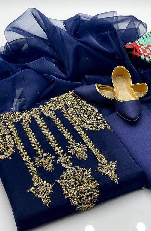 Handmade Organza 3-Piece Unstitched Dress Set for Women with Embroidered Shirt, Silk Trouser, and Kundan Dupatta - Free Khussa - Ashrafi Customized