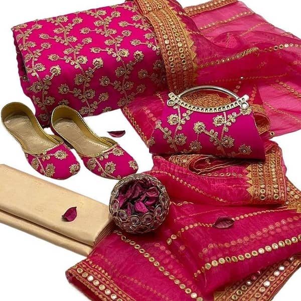 Ashrafi Customized Wedding Bridal Suit: Unstitched 3-Piece Chiffon Crinkle Embroidered Dress with Masuri Shalwar and Sheesa Embroidery Dupatta *(Not Include Khussa & Clutch)