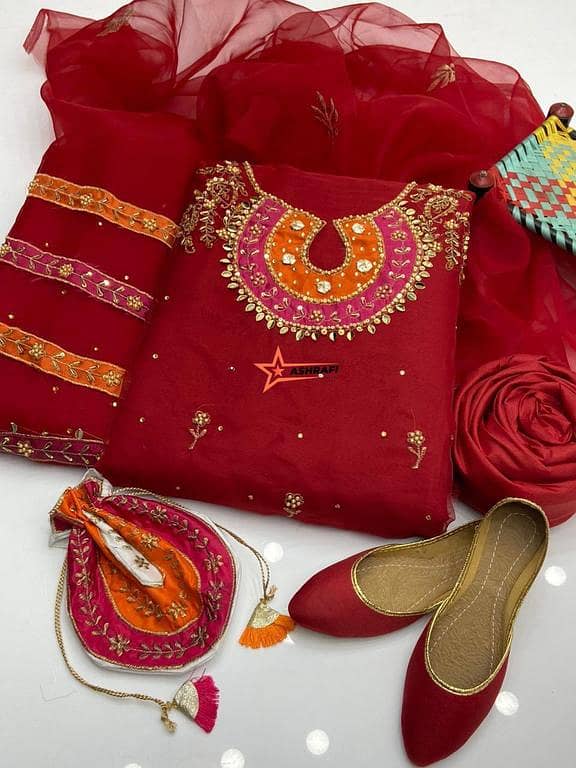 Handmade Women’s Wedding Dress Set with Organza Aari Work Shirt, Kattan Silk Trouser, Organza Dupatta, Free Khussa & Potli by Ashrafi