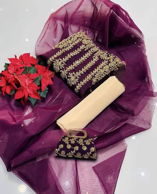 Ashrafi Women's 3-Piece Unstitched Organza Dress Set with Handmade Embroidery, Kundan Dupatta, and Masoori Trousers Along with Free Clutch for Weddings and Parties