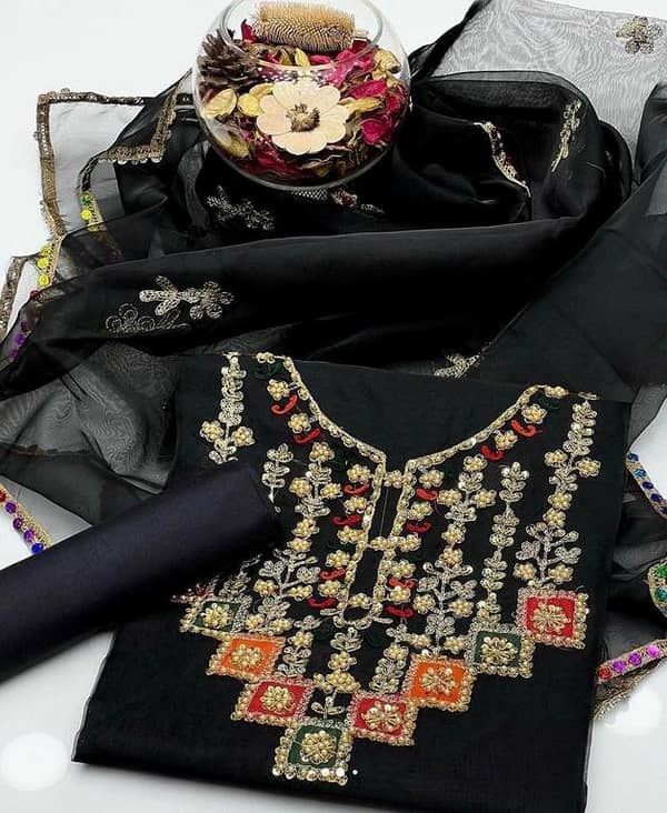 Ashrafi Unstitched 3 Piece Women's Suit – Organza Heavy Embroidery Shirt with Dupatta & Kattan Silk Trouser - Wedding Party Wear