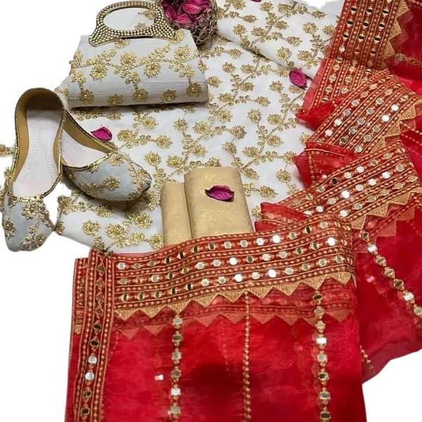Ashrafi Ladies Chiffon Crinkle Embroidered Shirt - 3 PC Unstitched Dress Set with Masuri Shalwar, Embroidered Dupatta, Free Matching Khussa & Clutch