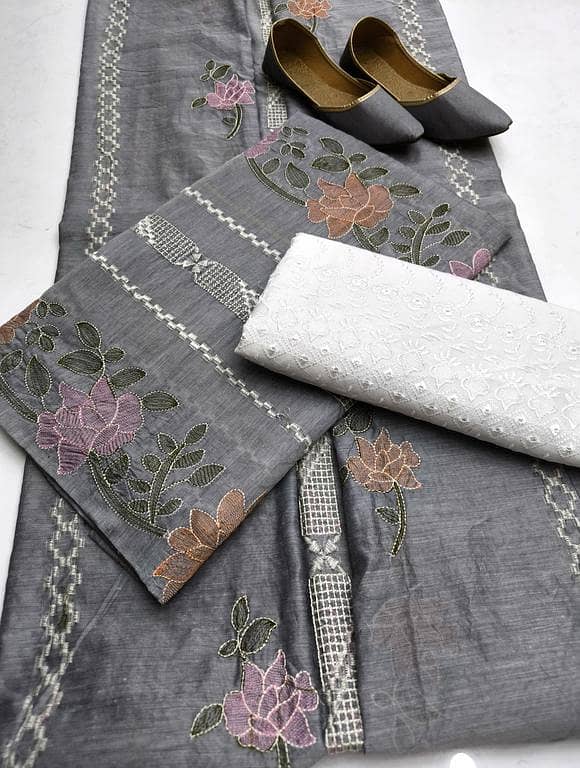 Women’s 3-Piece Unstitched Partywear Suit with Multi-Flower Embroidered Shirt, Dupatta, and Trouser Set by Ashrafi