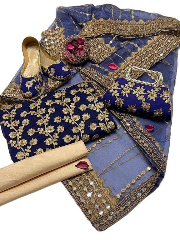 Ashrafi Customized Chiffon Marble & Gotta Embroidery Shirt with Self-Embossed Masuri Shalwar and Organza/Tissue Dupatta - Includes Free Khussa & Clutch - Women's Dress