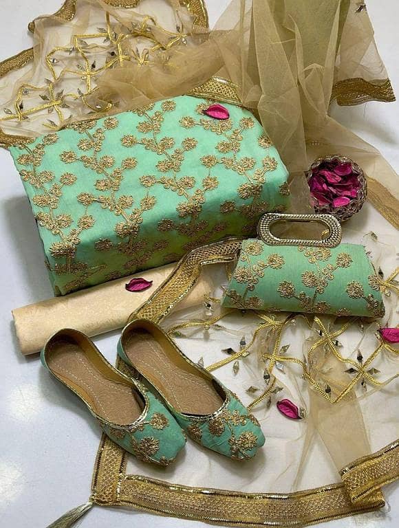 Ashrafi Customized 5-Piece Crinkle Chiffon Marble Suit with Gotta Embroidery Shirt, Masuri Shalwar, Net Dupatta, Free Khussa & Clutch for Women