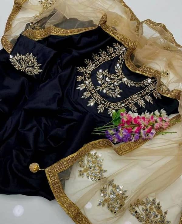 Ashrafi Customized 3-Piece Unstitched Women's Suit with Kataan Silk Mirror Work Shirt and Net Dupatta for Bridal and Party Wear