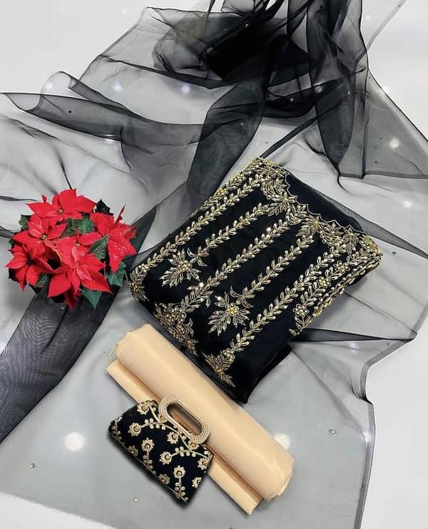 Customized Ashrafi Wedding Suit: Organza Shirt with Tilla Aari Beets Embroidery, Kundan Work Dupatta, Masoori Trouser, and Free Clutch