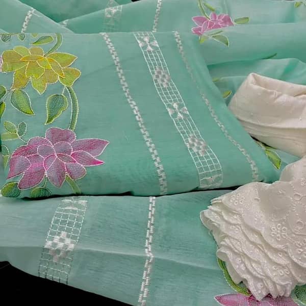 Ashrafi Women's Unstitched Embroidered Suit Set - Multi Flower Cotton Shirt, Embroidered Dupatta, Chikankari Trouser
