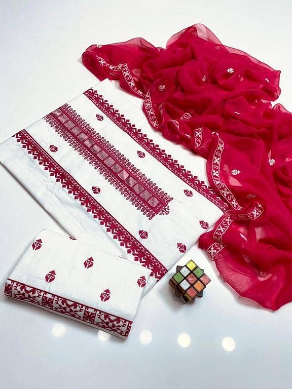 Ashrafi Ladies 3-Piece Lawn Cotton Suit Set with Embroidered Shirt, Trouser, and Chiffon Dupatta