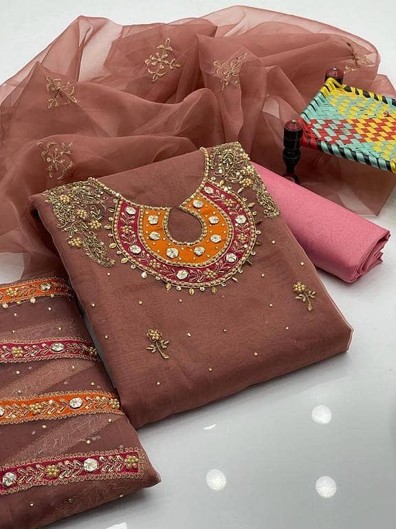 Handmade Organza Dress Set with Multi Applic Work, Embroidered Dupatta, and Kattan Silk Trouser - Unstitched Bridal Attire for Women