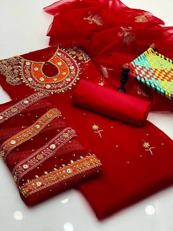 Ashrafi Customized 3-Piece Unstitched Suit for Women – Organza Shirt with Aari Zari Beads, Organza Dupatta, and Kataan Silk Trouser
