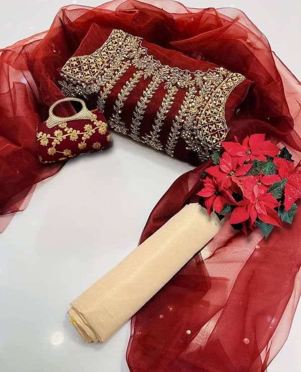 Women's 3-Piece Unstitched Suit - Ashrafi Customized Organza Dress with Embroidery, Kundan Dupatta, Masoori Trouser, and Free Clutch for Parties