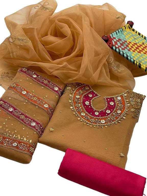 Women's Party Wear Wedding Suit with Organza Base and Handmade Details, Complete Set with Shirt, Dupatta, and Trouser